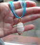 White Beach Stone Necklace Copper Wire Wrapped on blue ribbon 18"