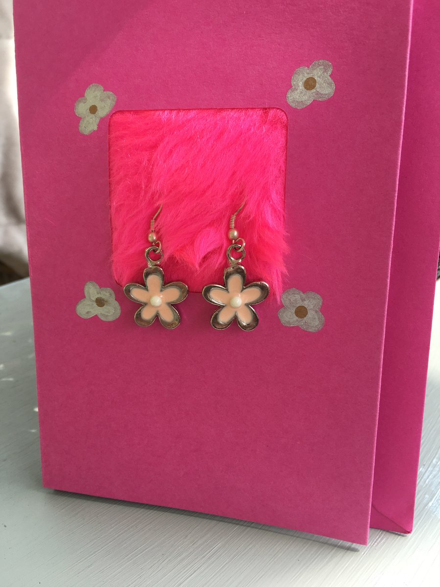 Silver and pink flower charm earrings