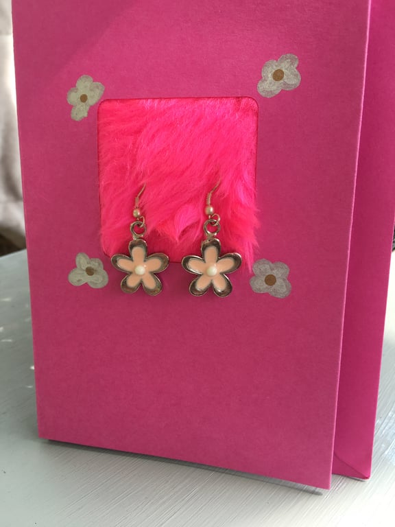 Silver and pink flower charm earrings