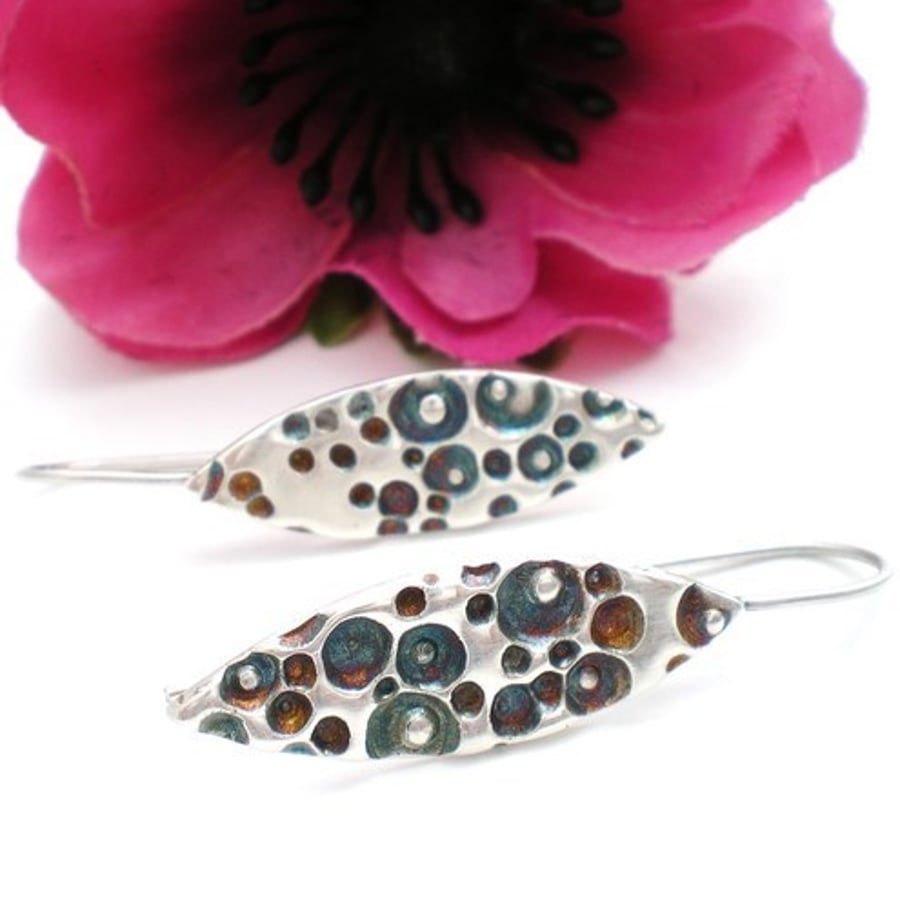 Long Silver earrings with Coral Patina