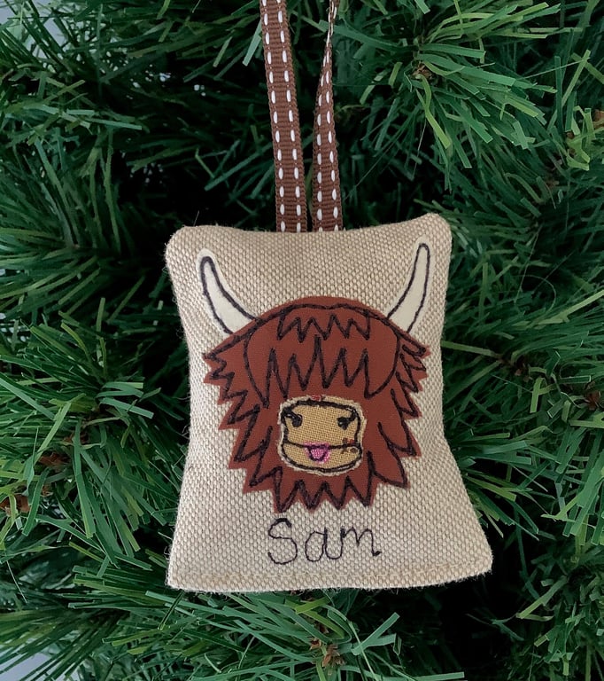 Highland Cow Personalised Christmas Tree Hanger with Optional Lavender Scent
