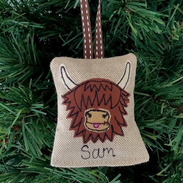Highland Cow Personalised Christmas Tree Hanger with Optional Lavender Scent