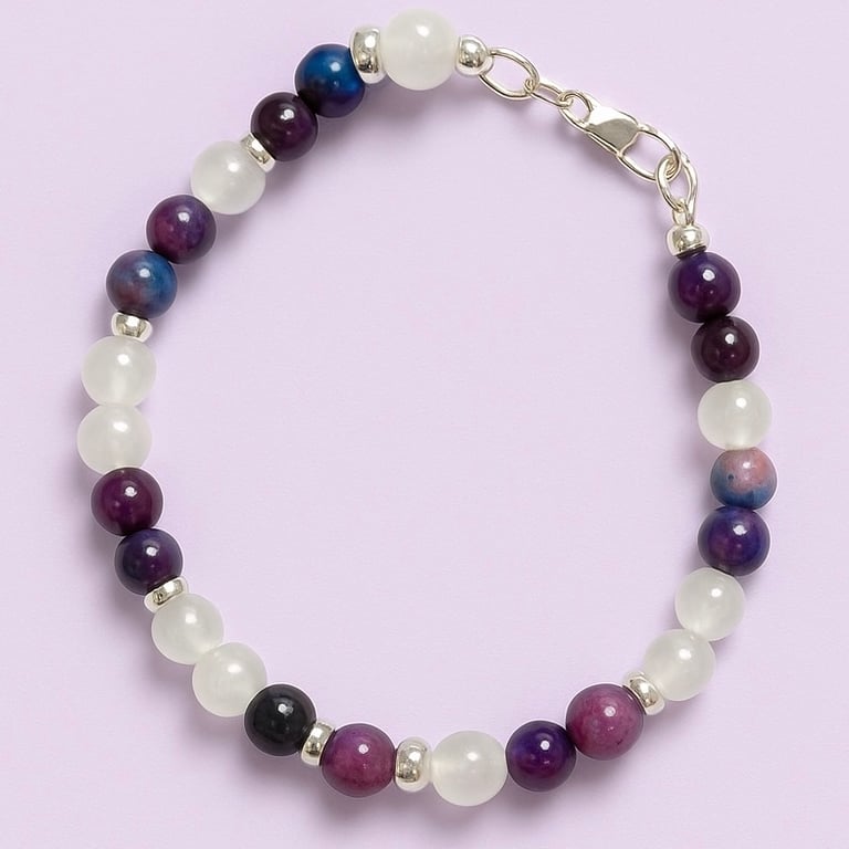 Gemstone Bracelet with Purple Starry night Sugilite and Selenite.