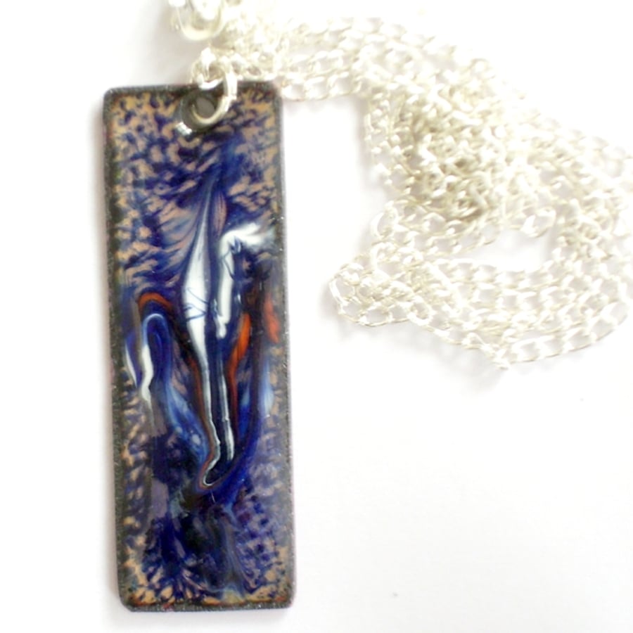 rectangular pendant - scrolled white and red on blue over clear enamel