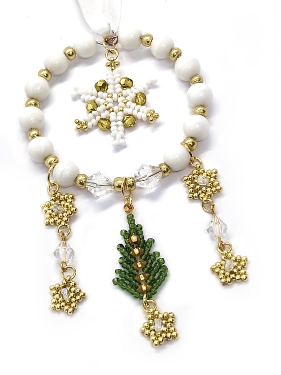 White gold and green Christmas tree and snowflakes hanging decoration