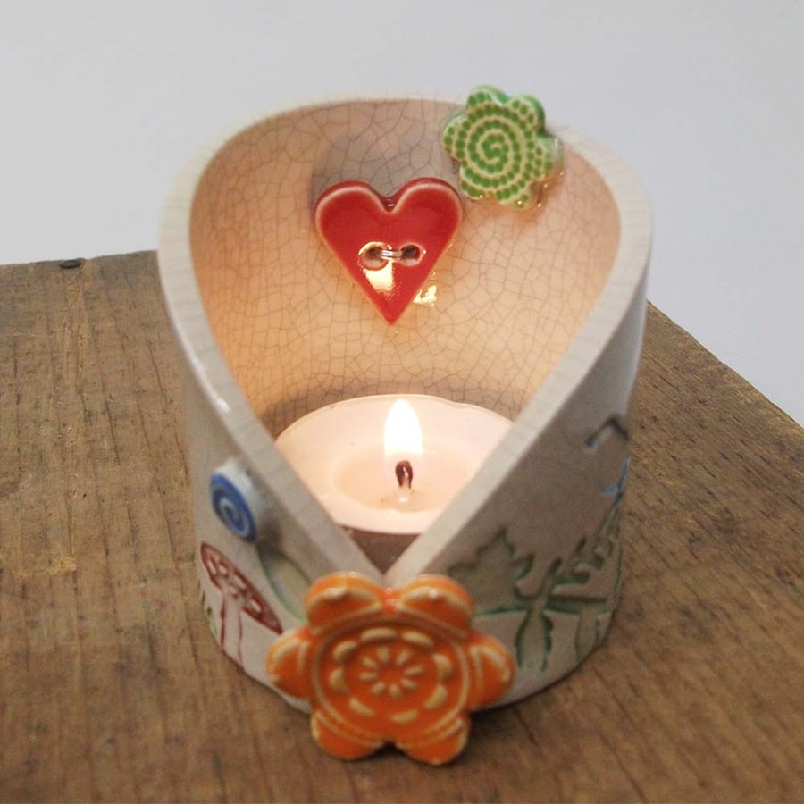 Woodland scene ceramic candle holder bird, squirrel, toadstool