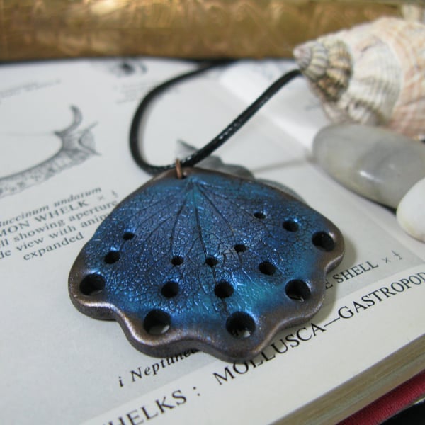 Ethereal Metallic Blue Butterfly Wing Statement Pendant, Shell Necklace