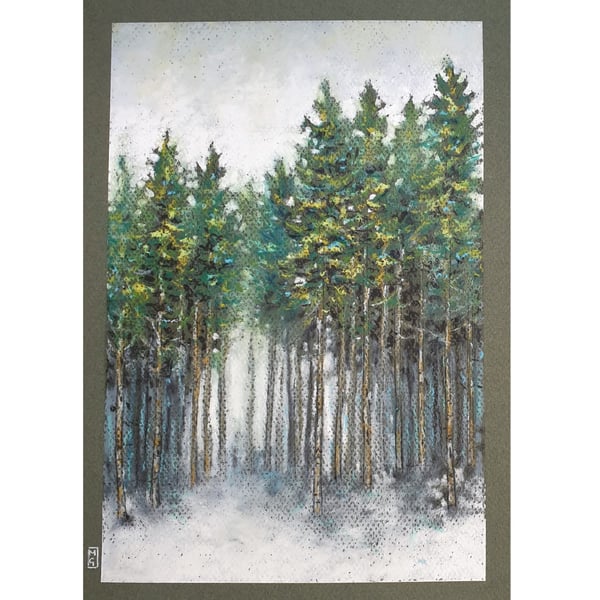 Winter Forest original oil pastel painting, A4 size artwork, landscape art