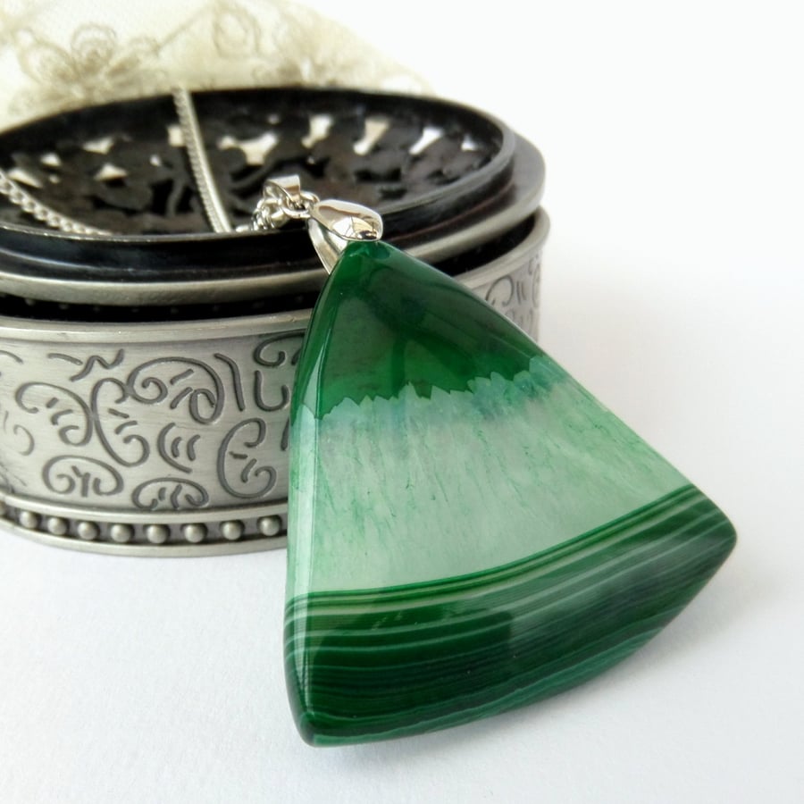 Triangular green banded agate pendant necklace