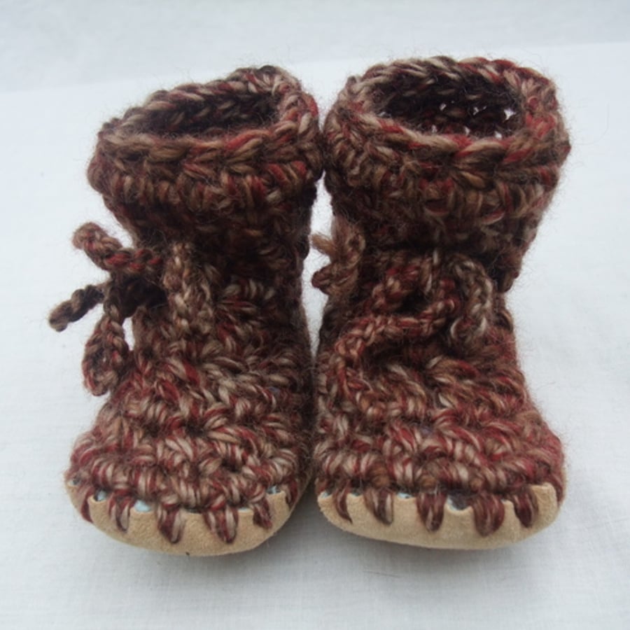 Wool & leather crochet baby boots brown mix 3-6 months