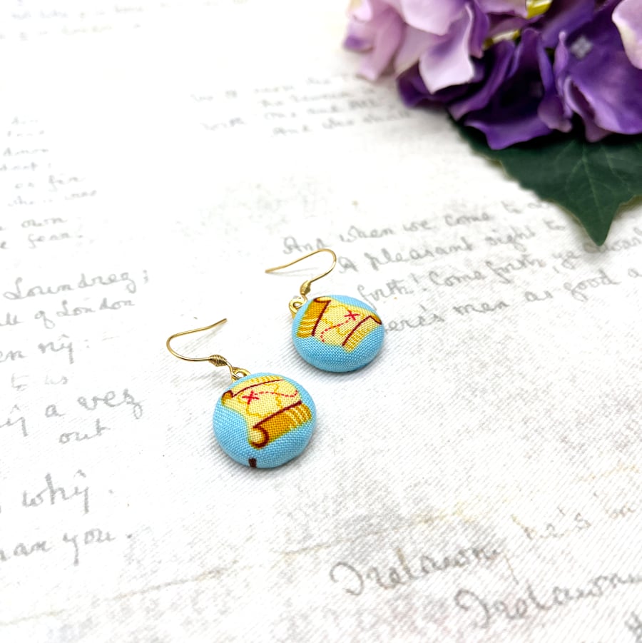 Pirate treasure map fabric button dangle earings