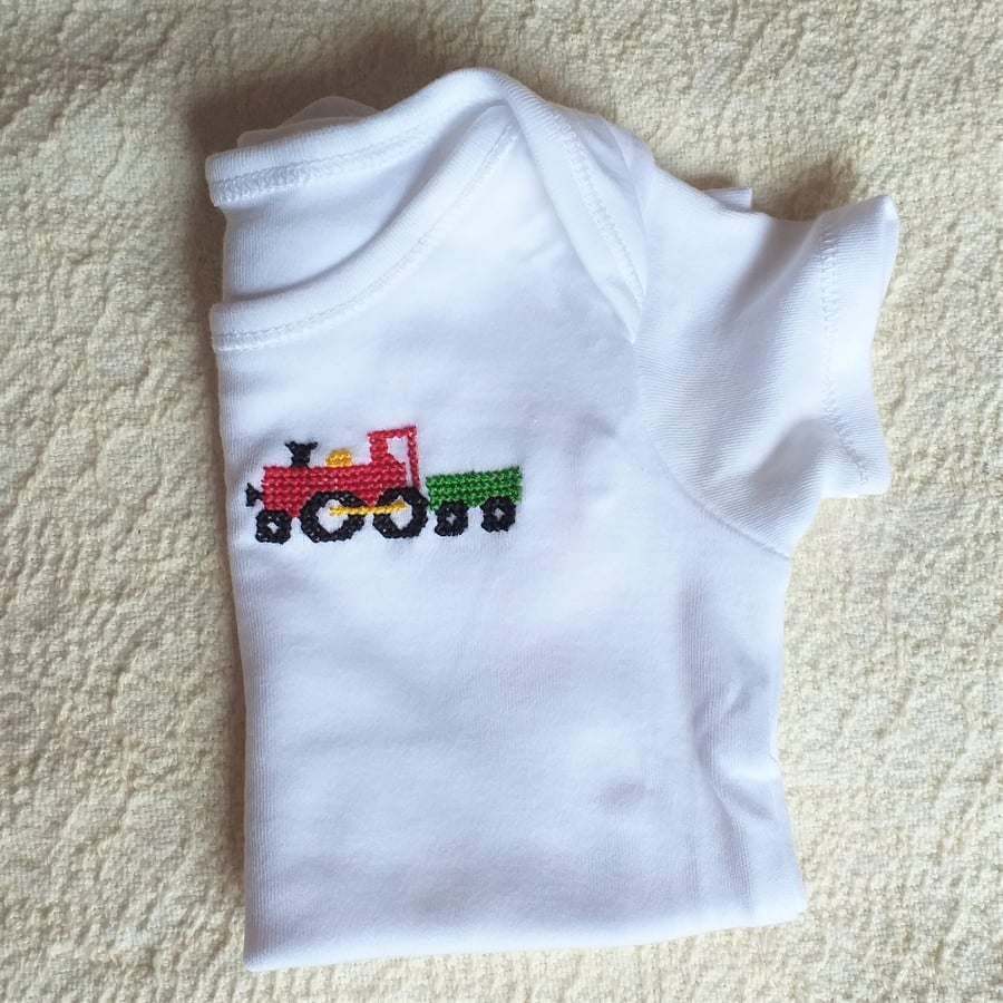 Train Baby Vest age 3-6 months, hand embroidered