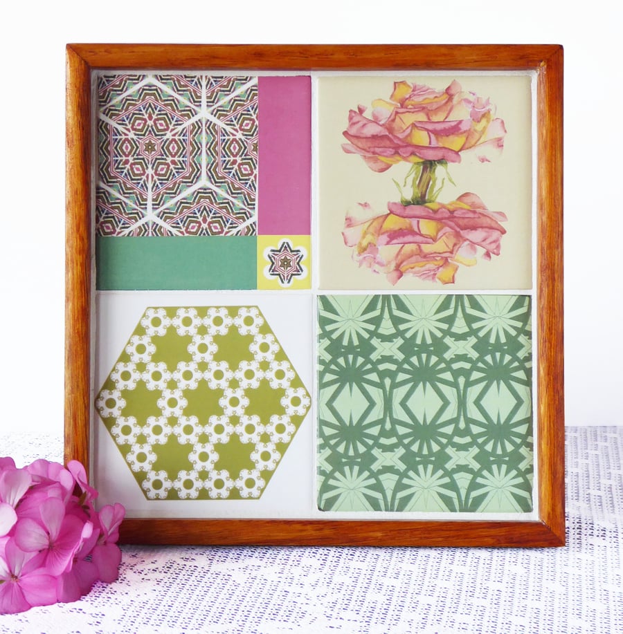 Patchwork and Rose Pattern Tile Wooden Tray in Pink, Yellow and Green Tones