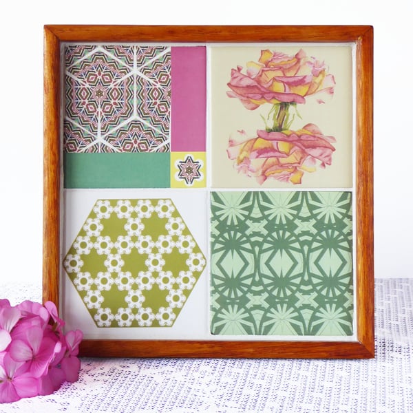 Patchwork and Rose Pattern Tile Wooden Tray in Pink, Yellow and Green Tones