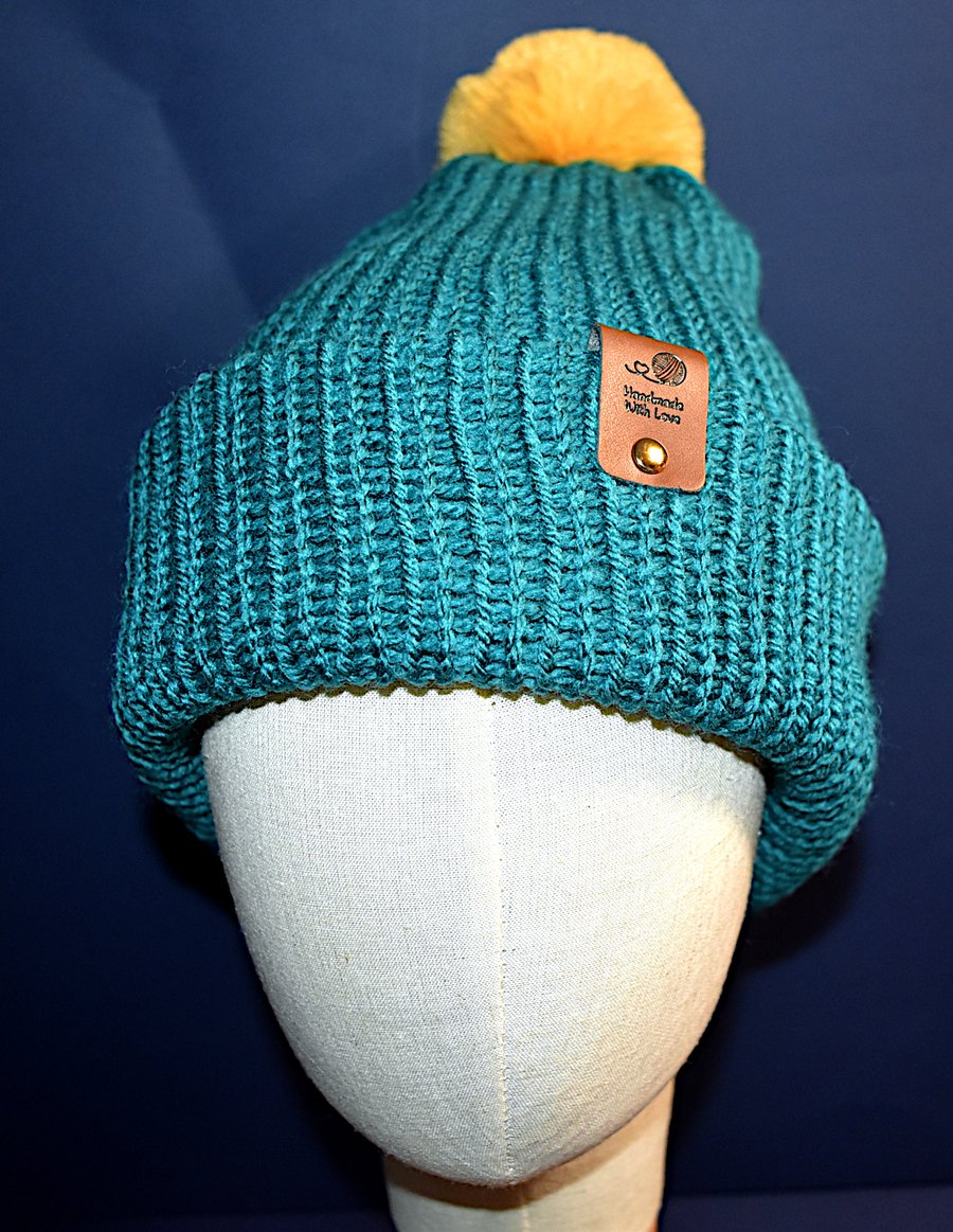 Handcrafted Hat with Faux Rabbit Fur Pompom Sea Green Coloured