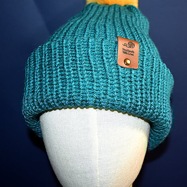 Handcrafted Hat with Faux Rabbit Fur Pompom Sea Green Coloured