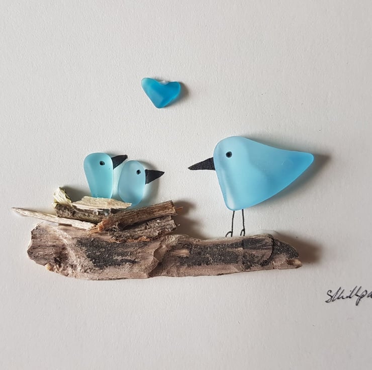 Blue Nesting Birds (2 babies) Sea Glass Folksy