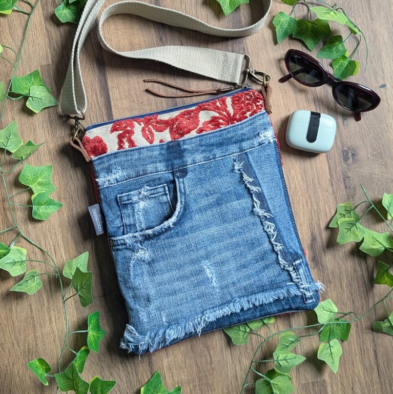 Upcycled Denim and Tapestry Fabric Cross Body Jeans Bag Red