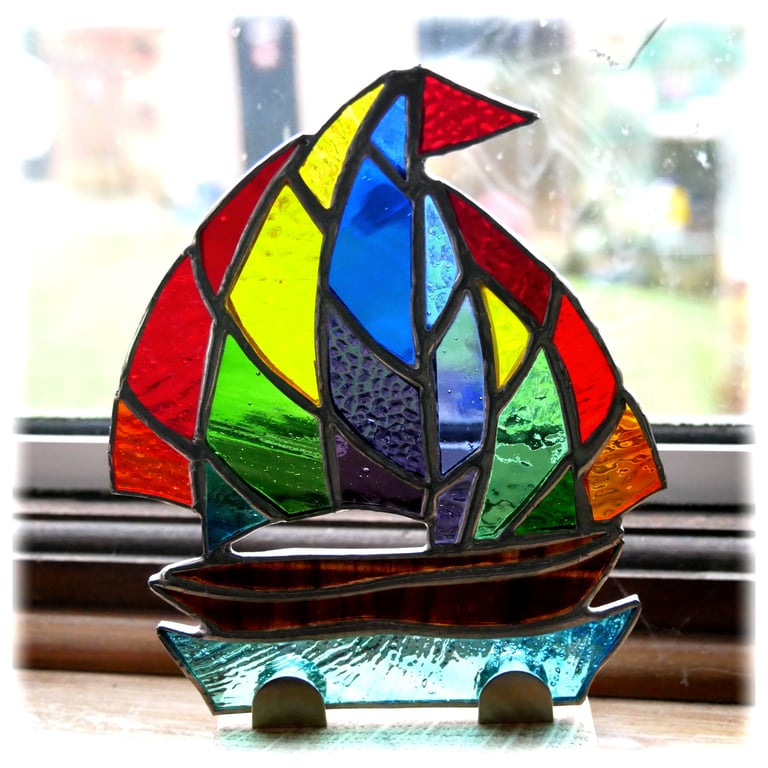 Stained Glass Sailboat On Wooden Stand Rainbow Yacht  Handmade gift for him