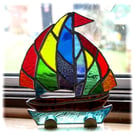 Stained Glass Sailboat On Wooden Stand Rainbow Yacht  Handmade gift for him