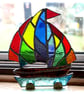 Stained Glass Sailboat On Wooden Stand Rainbow Yacht  Handmade gift for him