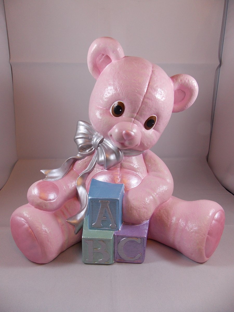 Large Ceramic Hand Painted Baby Pink ABC Teddy Bear Nursery Figurine Ornament.
