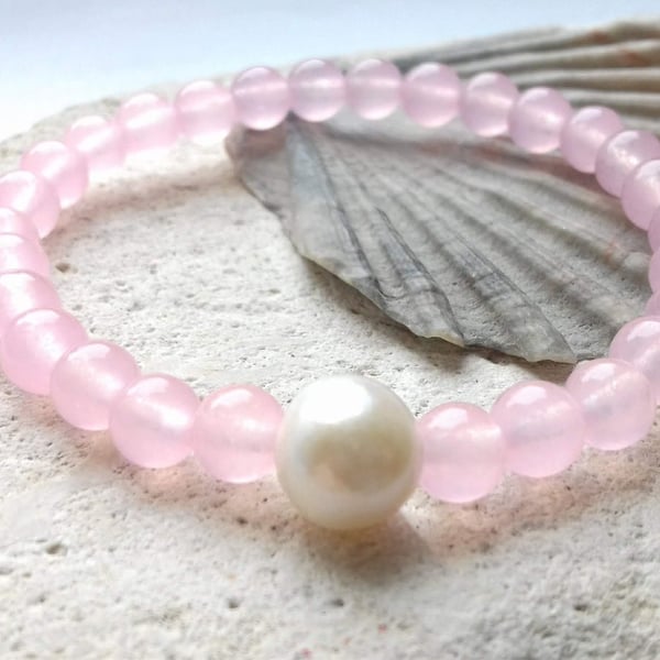 6mm Rose Quartz Bracelet with White Freshwater Pearl Accent. Reiki attuned