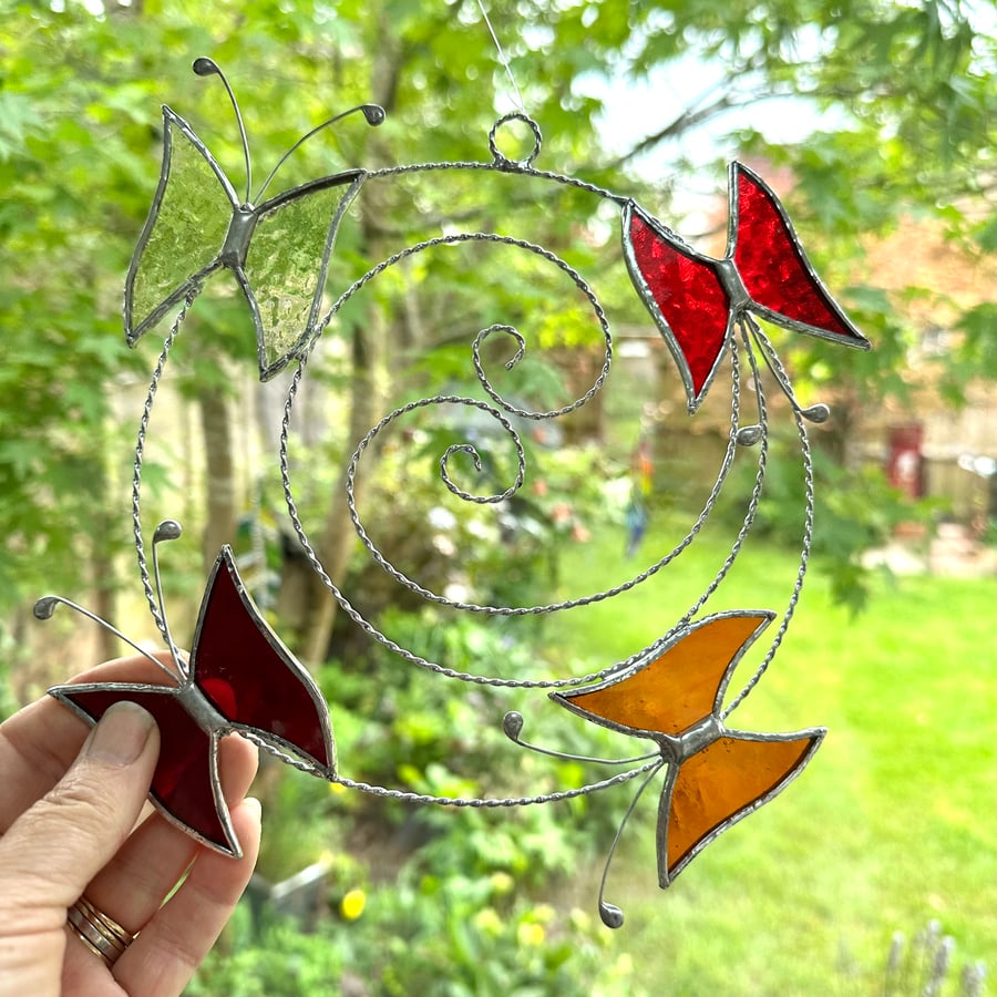 Small Butterfly Circle  Suncatcher - Handmade Decoration - Red Amber Orange