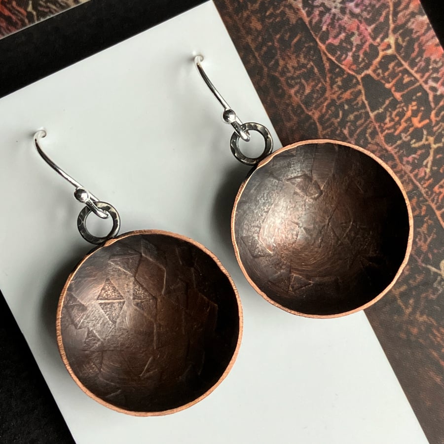 Oxidised copper bowl dangle earrings with sterling silver hooks.