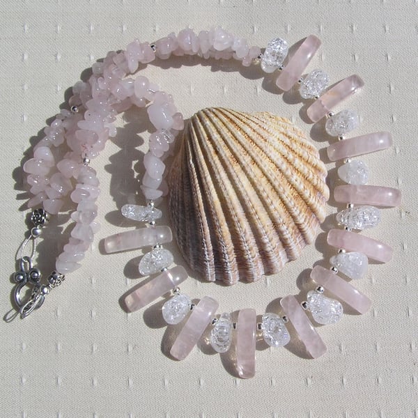 Rose Quartz & Clear Quartz Gemstone Chunky Statement Necklace "Cassiopeia"