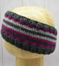 Hand Knitted striped headband ear warmers in grey, purple and black adult - L - Image 2