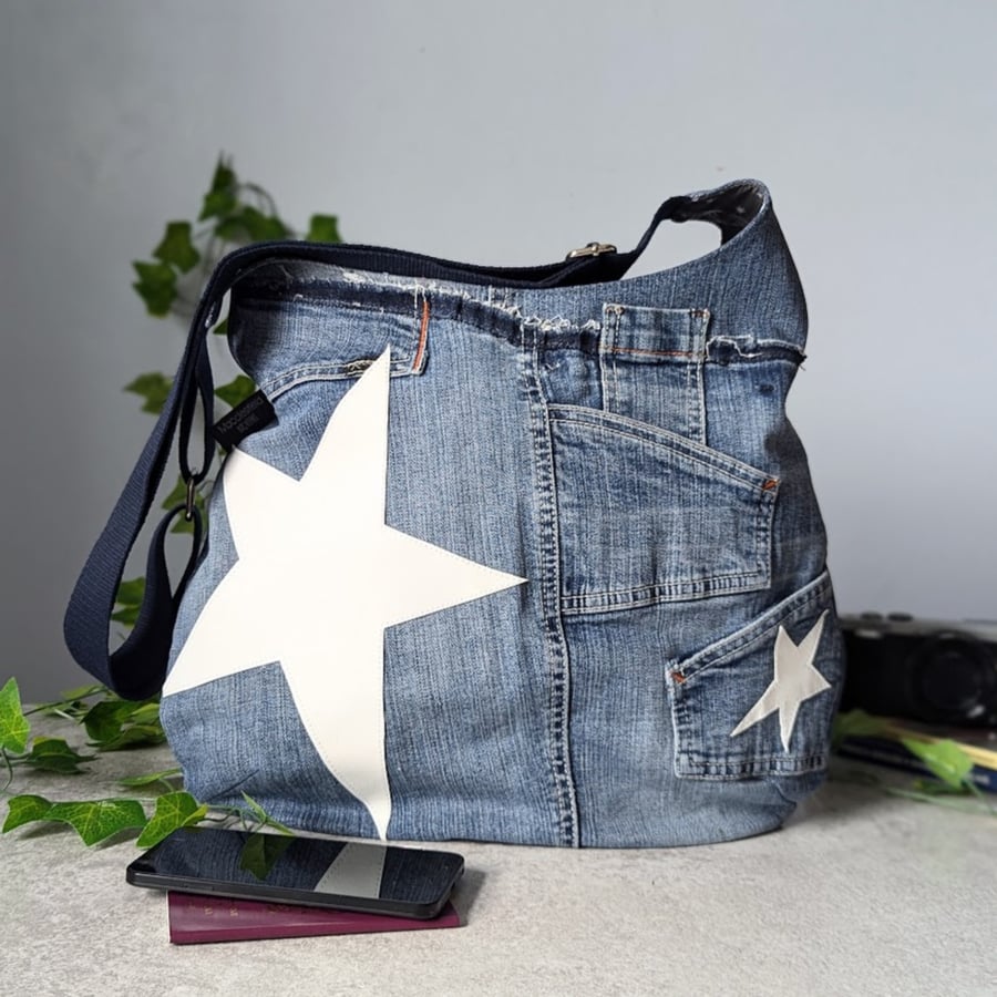 Denim Hobo Bag - Denim Jeans Cross Body Bag with White Star Motifs (P&P incl)