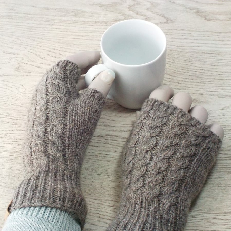 Knitted wool fingerless gloves natural grey brown British Shetland wool  