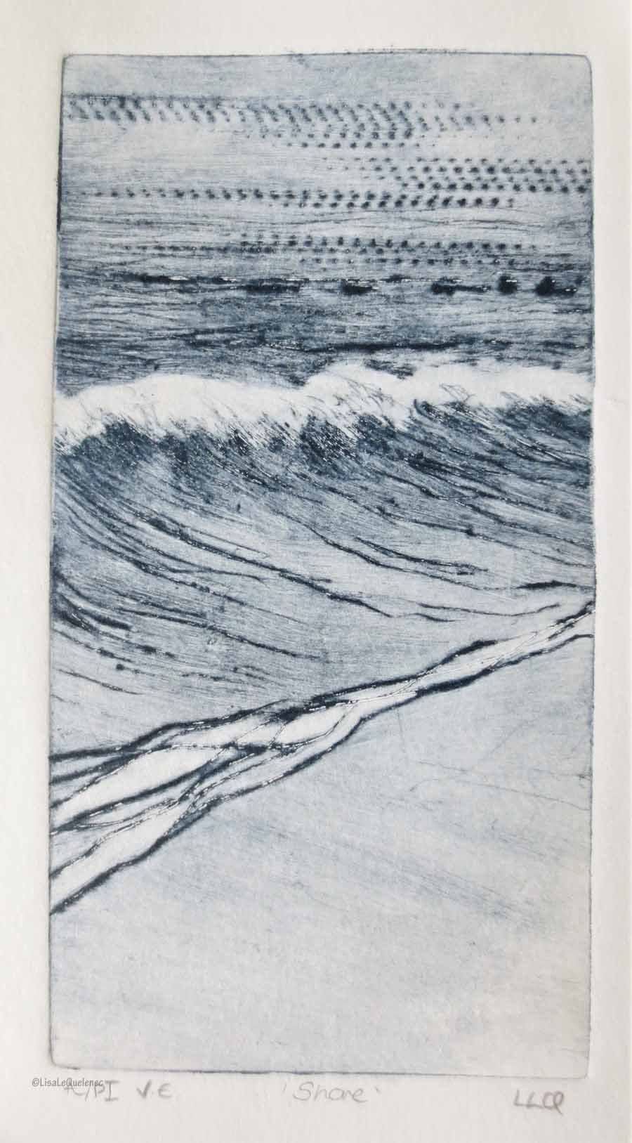 Artist proof drypoint etching print of the sea lapping onto the shore in indigo 
