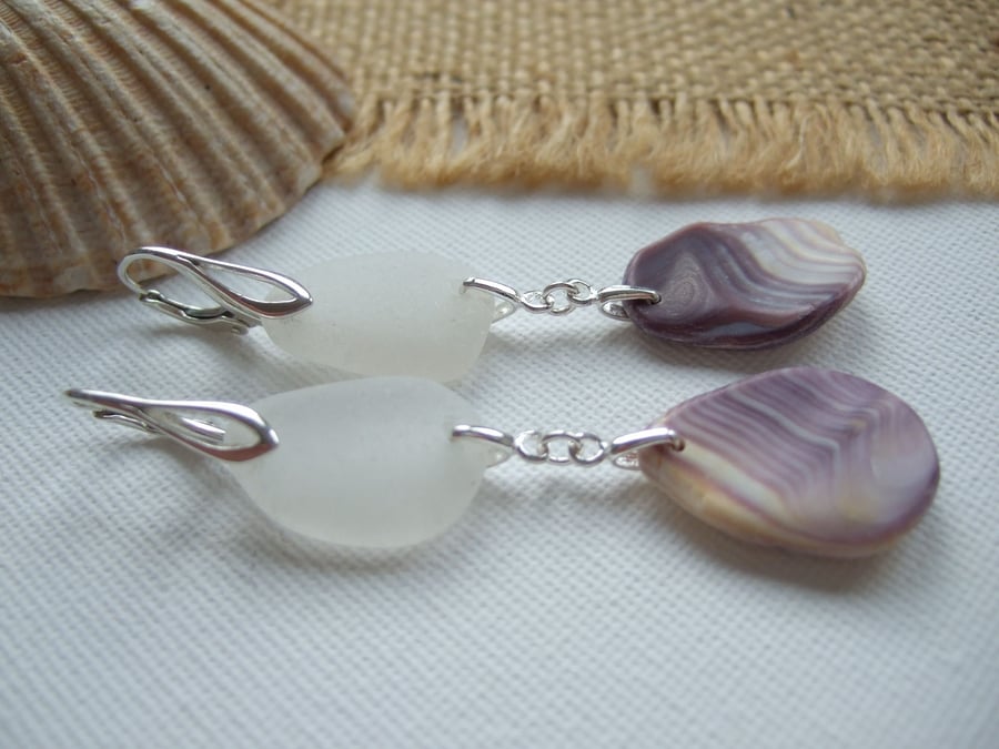 Scottish white sea glass and wampum earrings, beach glass and quahog shell