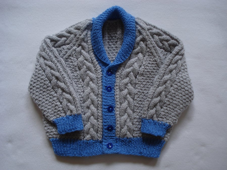 Hand Knitted Silver Grey And Blue Cable Jacket With Roll Collar (650)