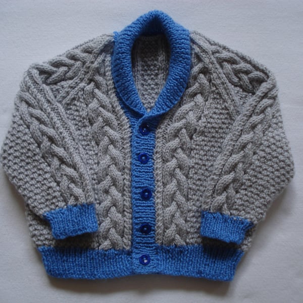 Hand Knitted Silver Grey And Blue Cable Jacket With Roll Collar (650)