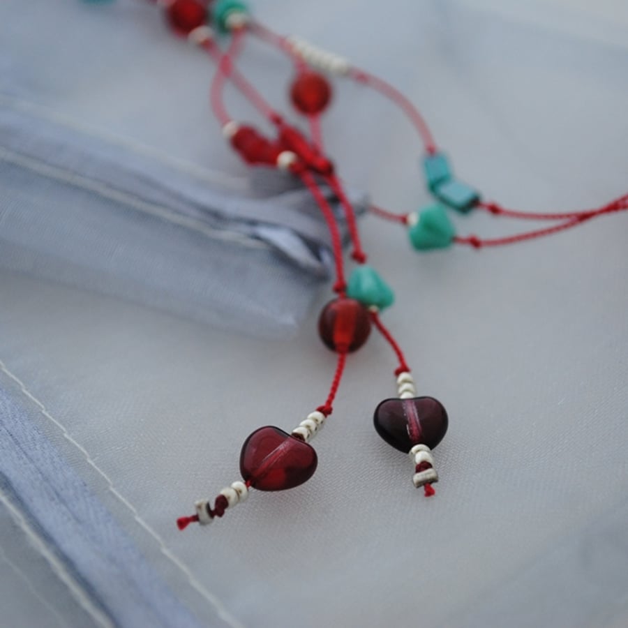 Sale-Red & turquoise silk lariat necklace
