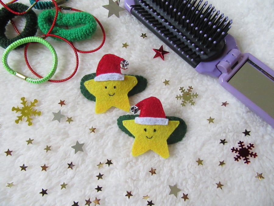 Star hair clips, Christmas hair accessories, star in a Christmas hat, girl gift 