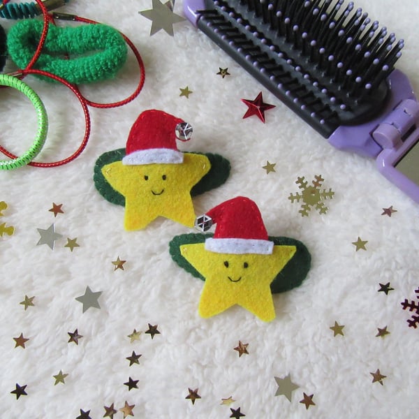 Star hair clips, Christmas hair accessories, star in a Christmas hat, girl gift 