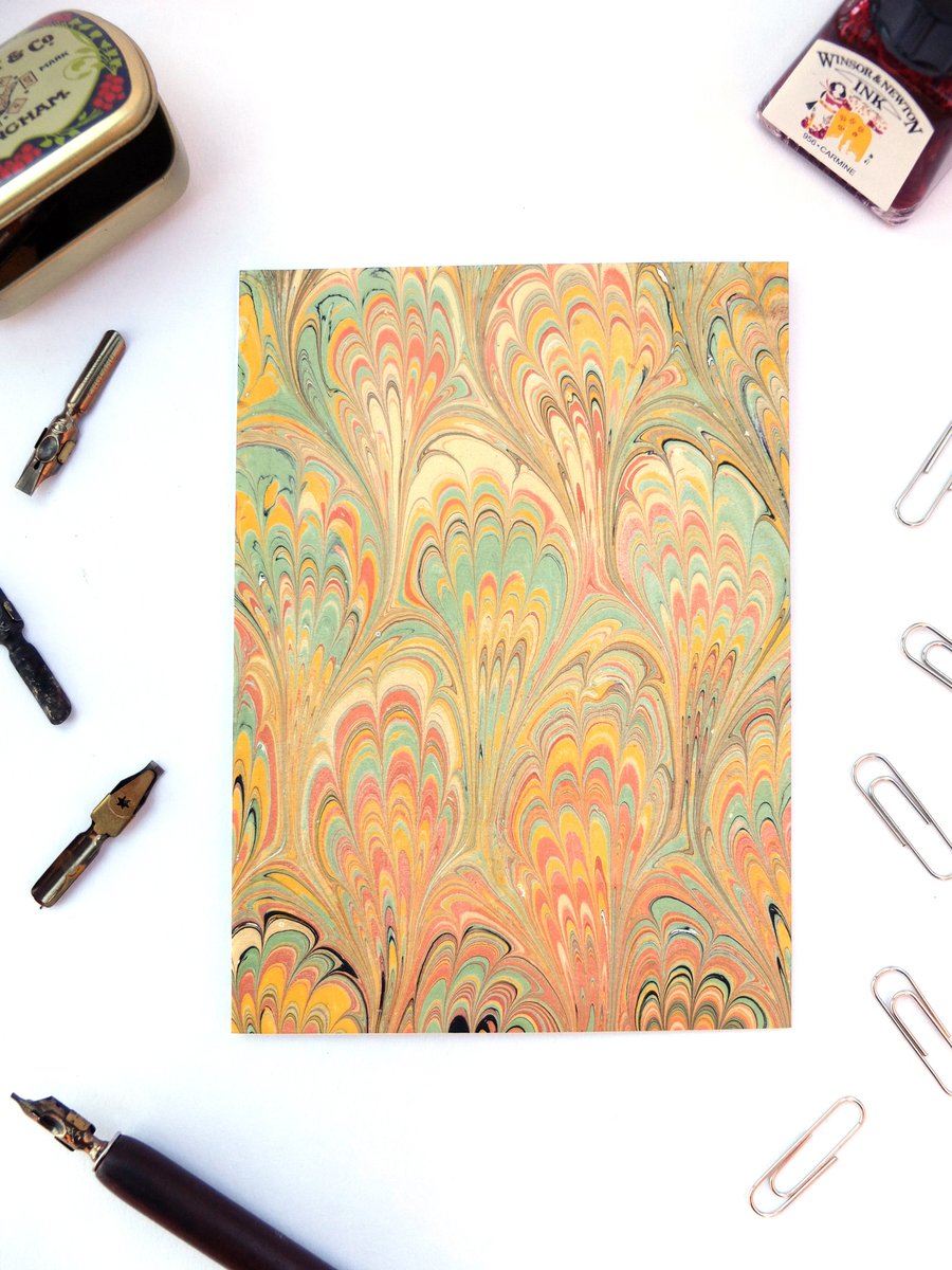 Beautiful marbled paper art greetings card metallic peacock pattern