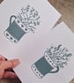 An original handprinted linoprint of a leaf decorated jug of grasses & flowers - Image 8