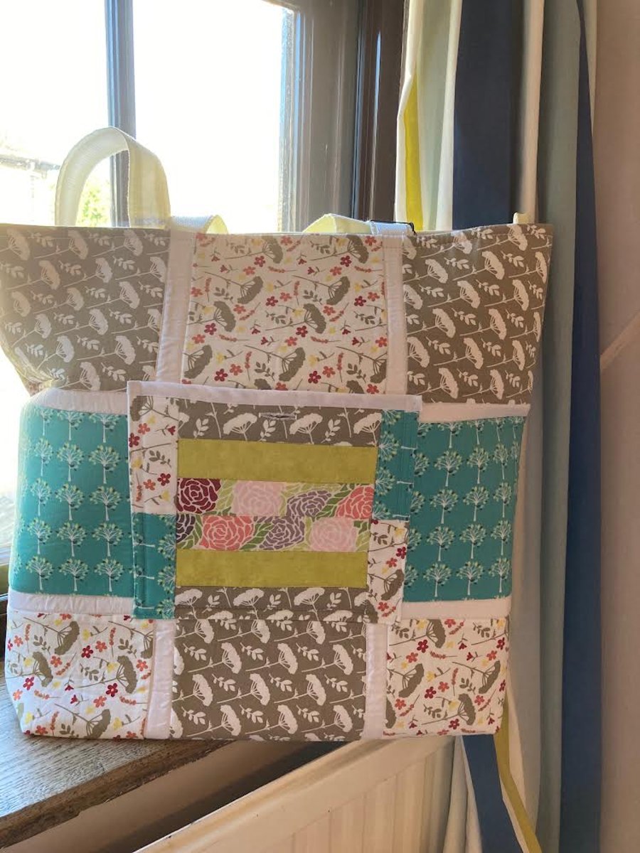 Zip top tote bag patch worked and quilted, large enough for project work