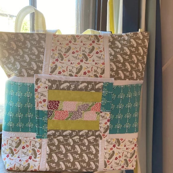 Zip top tote bag patch worked and quilted, large enough for project work
