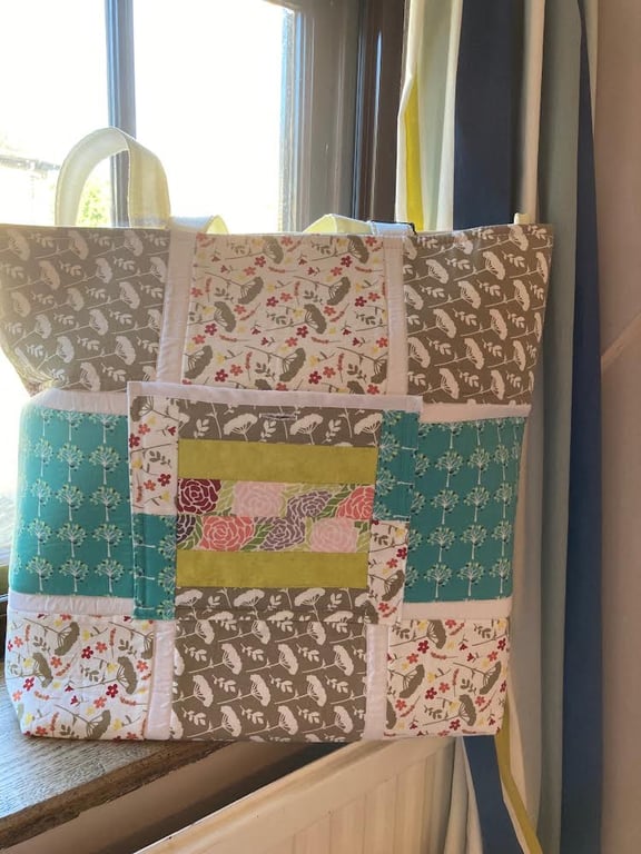 Zip top tote bag patch worked and quilted, large enough for project work