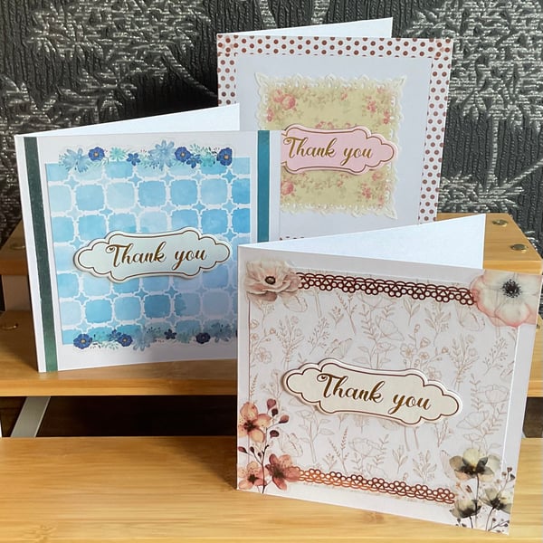 Pack of 3 : Handmade Thank You Cards: A Trio of Style : Thanks in Style: 13x13cm