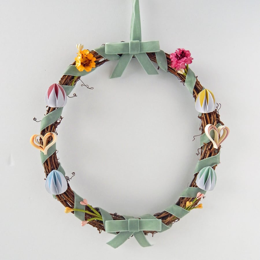Spring Wreath in Green with paper eggs & flowers. Easter Gifts. Free UK Postage 