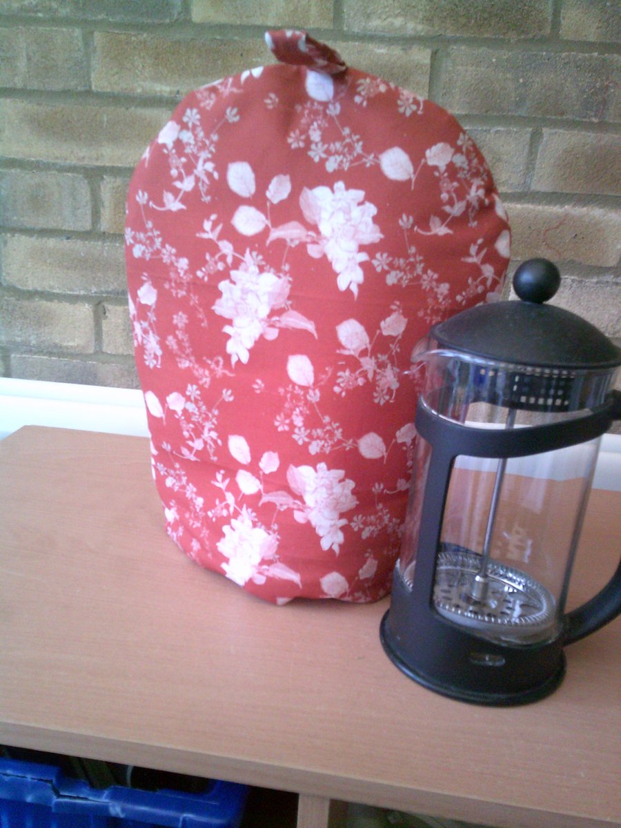 Rust Coloured Large Coffee Pot Cosy with White Leaves and Flowers