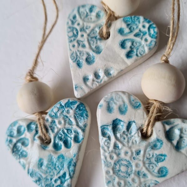 Mini heart clay hanging decorations blue gift tag set of three home decor