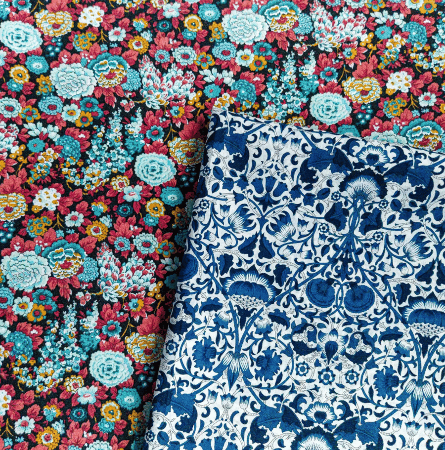LIBERTY Tana Lawn Fabric, Loden in Blue, Elysian in Reds, last pieces